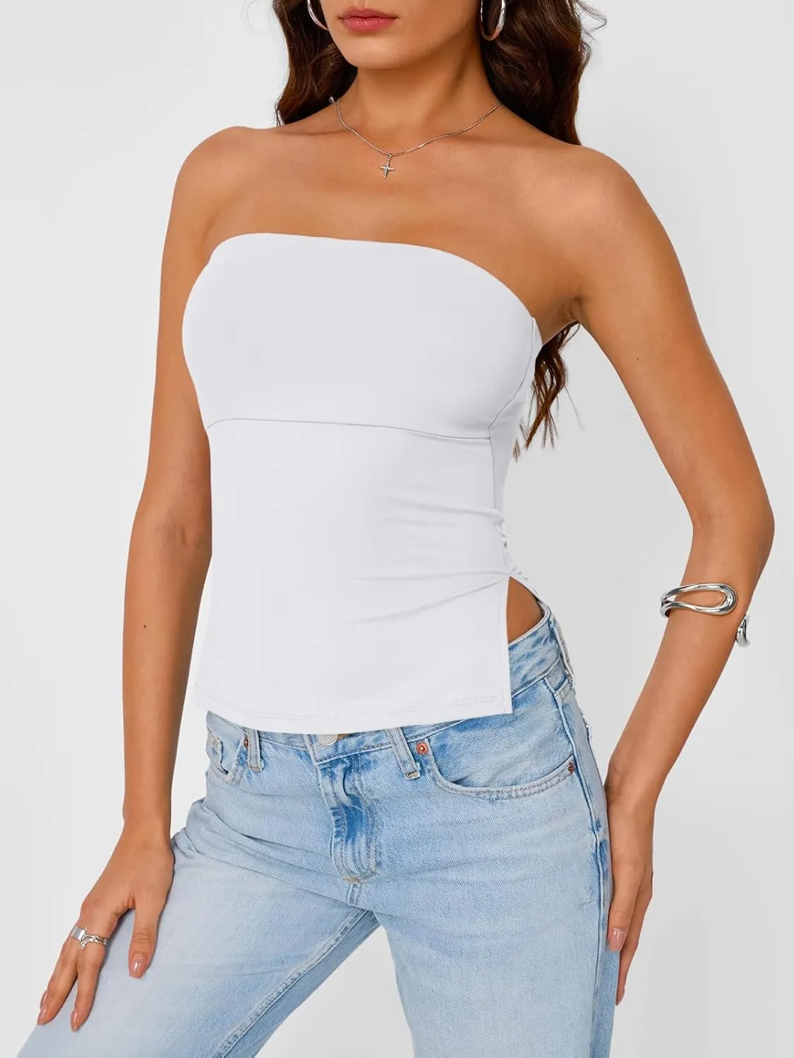 Trendy Queen Tube Tops for Women Side Split Going Out Strapless Crop Tops Sleeveless Bandeau Summer Y2k Cute Clothes