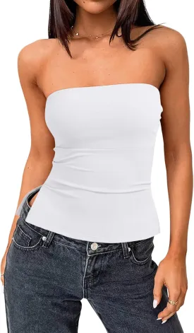 Trendy Queen Tube Tops for Women Side Split Going Out Strapless Crop Tops Sleeveless Bandeau Summer Y2k Cute Clothes