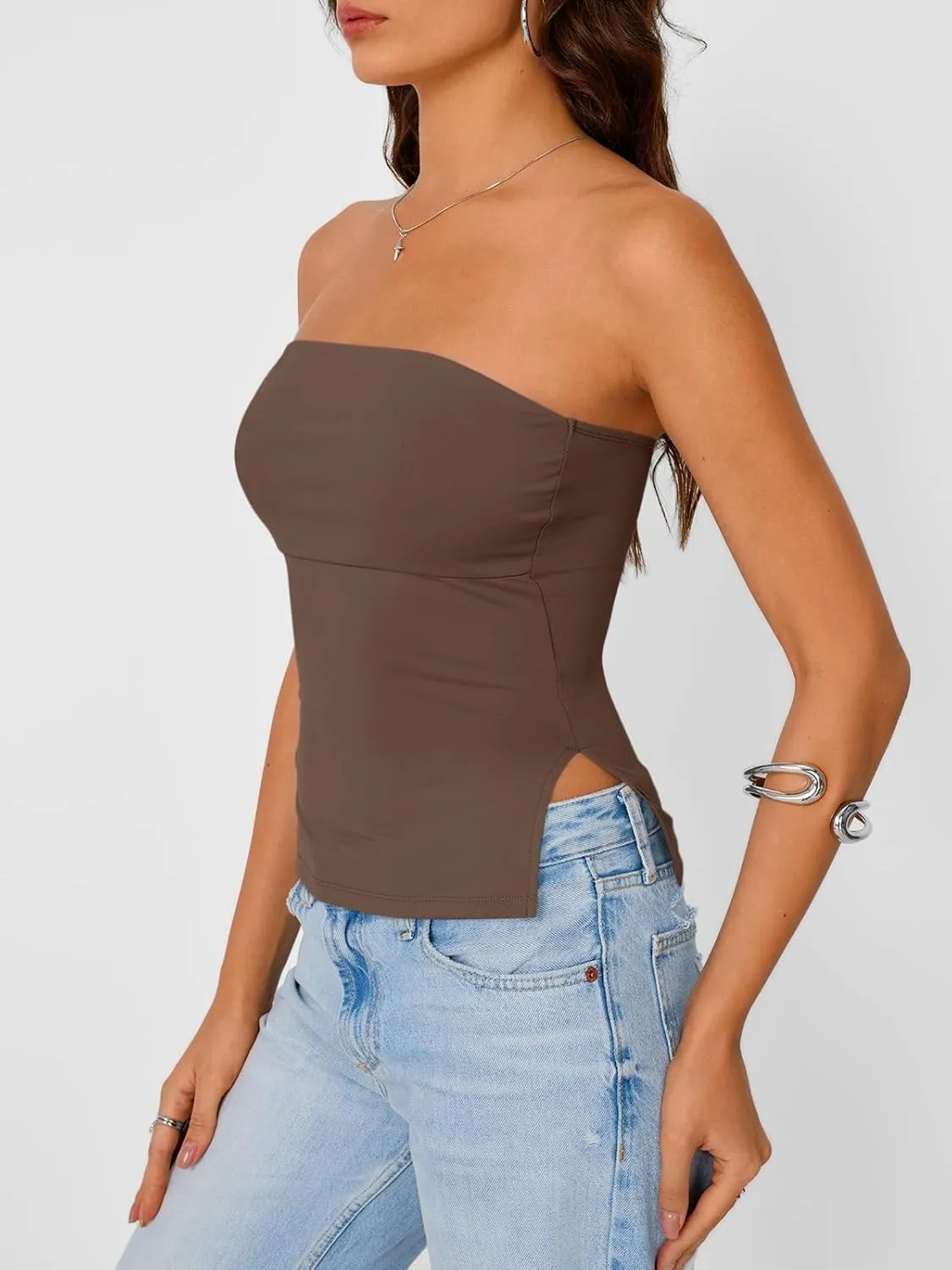 Trendy Queen Tube Tops for Women Side Split Going Out Strapless Crop Tops Sleeveless Bandeau Summer Y2k Cute Clothes
