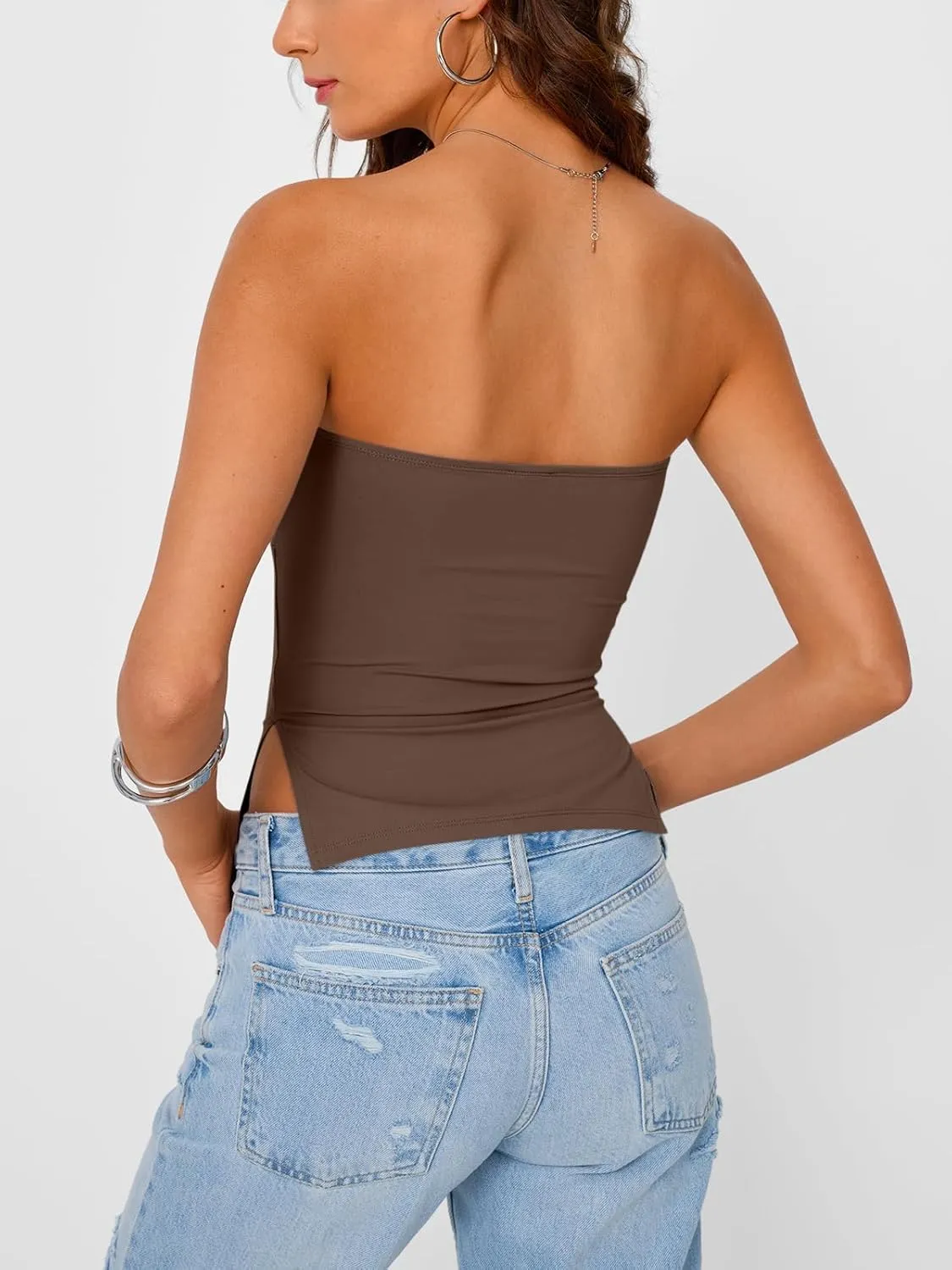 Trendy Queen Tube Tops for Women Side Split Going Out Strapless Crop Tops Sleeveless Bandeau Summer Y2k Cute Clothes
