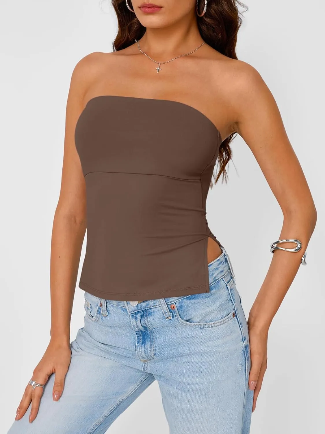 Trendy Queen Tube Tops for Women Side Split Going Out Strapless Crop Tops Sleeveless Bandeau Summer Y2k Cute Clothes