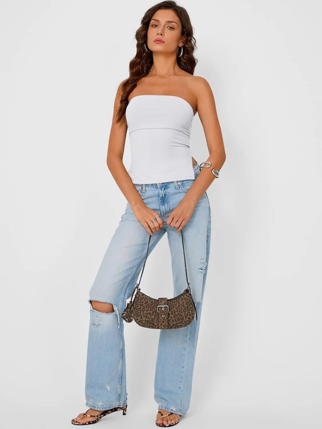 Trendy Queen Tube Tops for Women Side Split Going Out Strapless Crop Tops Sleeveless Bandeau Summer Y2k Cute Clothes