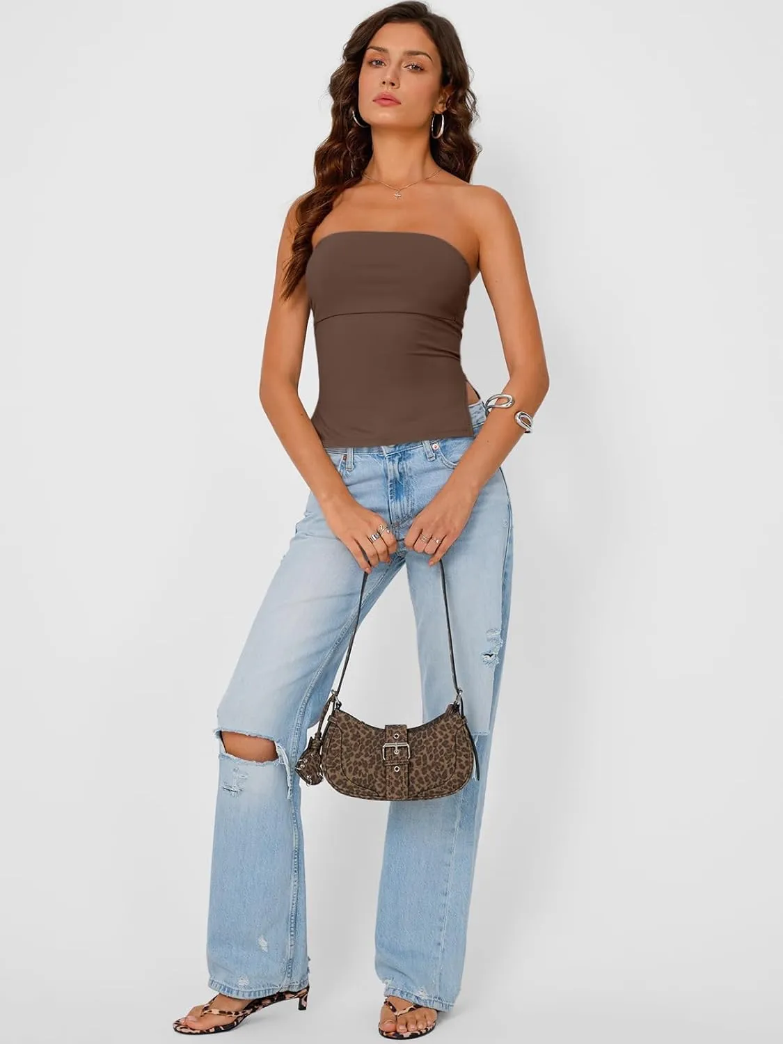 Trendy Queen Tube Tops for Women Side Split Going Out Strapless Crop Tops Sleeveless Bandeau Summer Y2k Cute Clothes