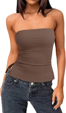 Trendy Queen Tube Tops for Women Side Split Going Out Strapless Crop Tops Sleeveless Bandeau Summer Y2k Cute Clothes