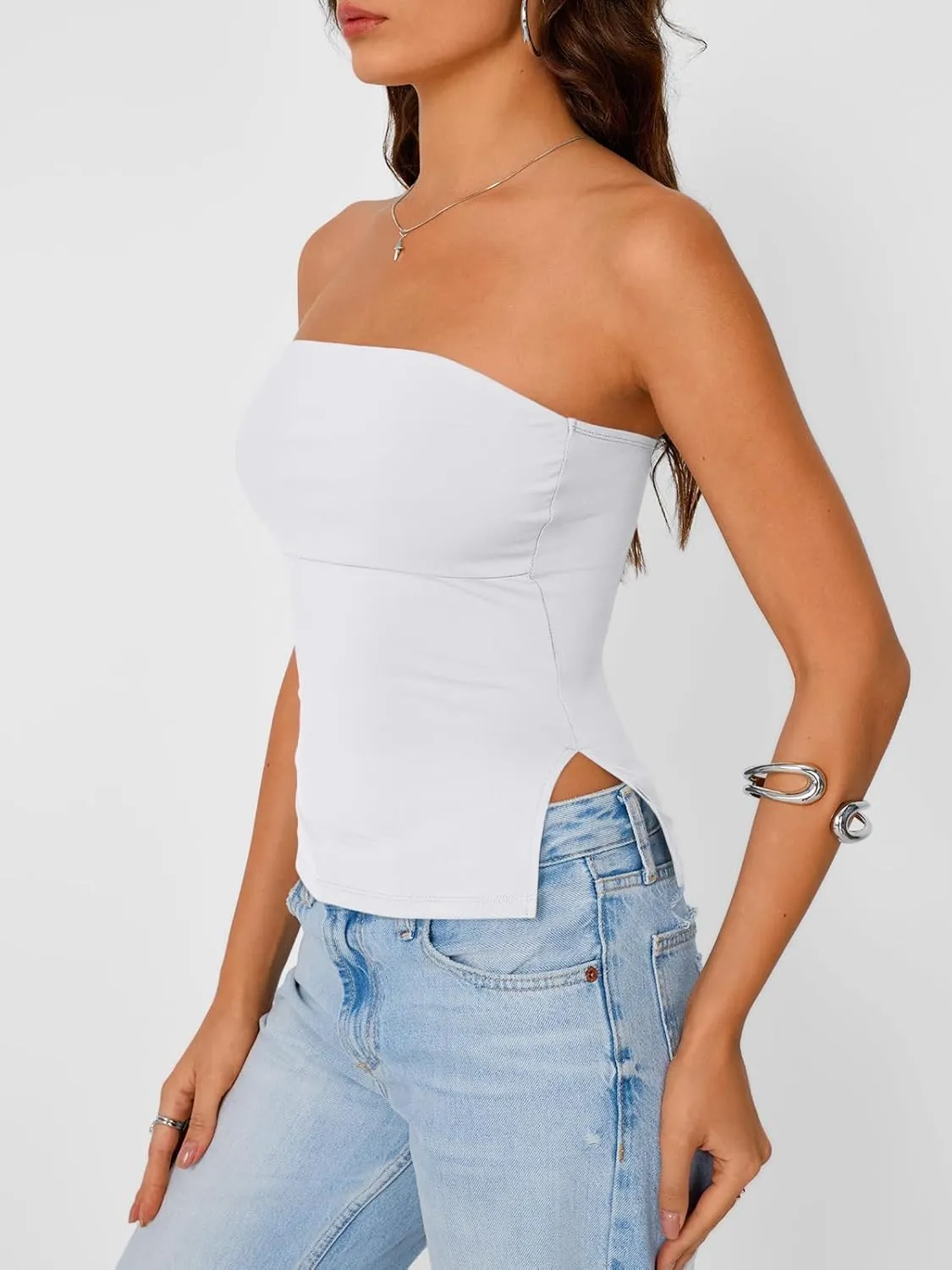 Trendy Queen Tube Tops for Women Side Split Going Out Strapless Crop Tops Sleeveless Bandeau Summer Y2k Cute Clothes