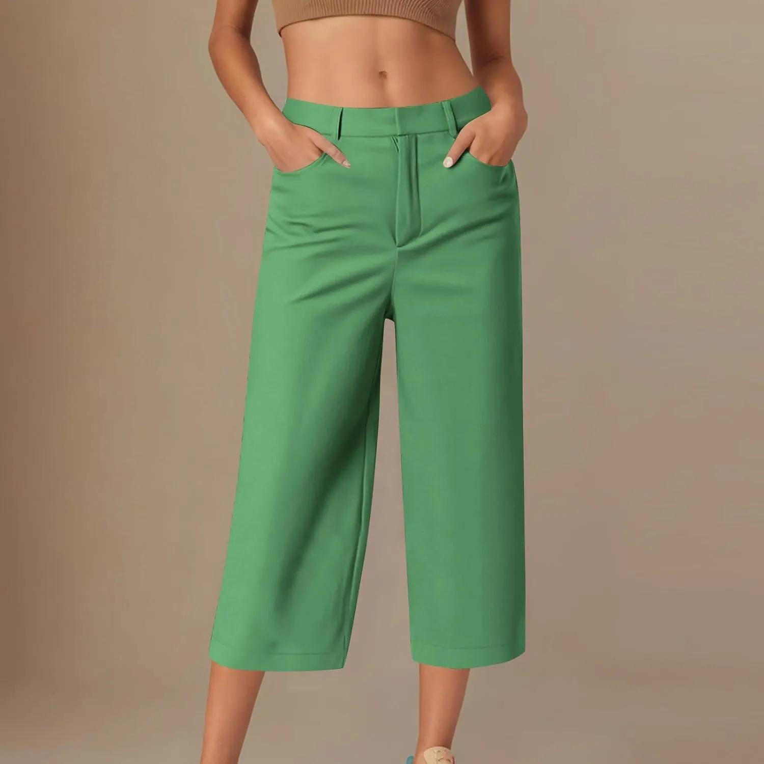 Twill Capri Pants for Women Casual Oversized Dress Pants High Waist Straight Leg Capris Dressy Office Cropped Trousers