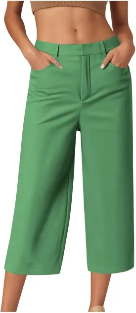 Twill Capri Pants for Women Casual Oversized Dress Pants High Waist Straight Leg Capris Dressy Office Cropped Trousers