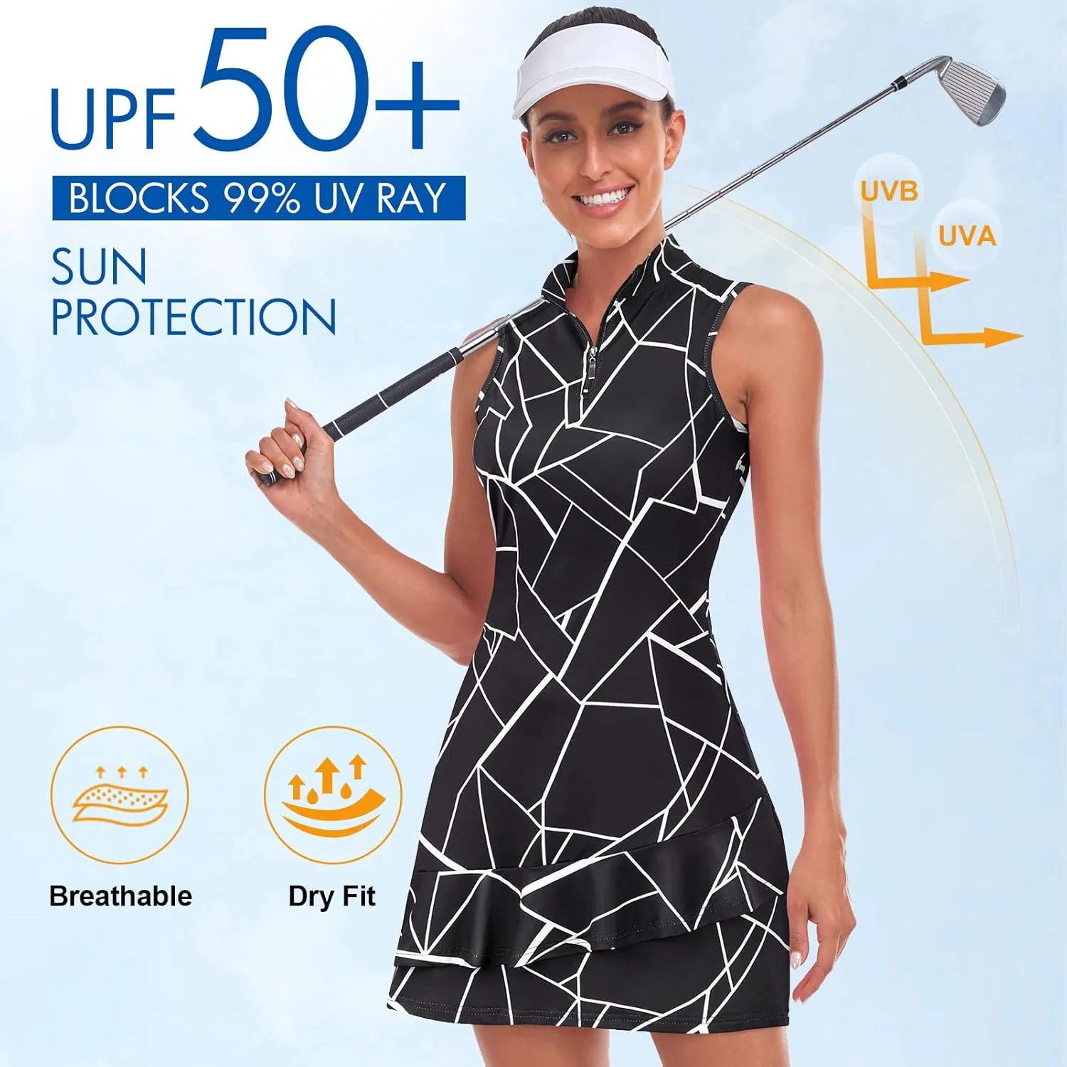 Viracy Tennis Dress for Women Sleeveless Golf Dresses with Shorts and Pockets Ruffle Zip Up Stand Collar Golf Outfits
