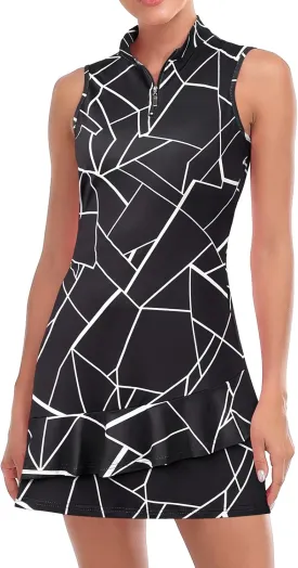 Viracy Tennis Dress for Women Sleeveless Golf Dresses with Shorts and Pockets Ruffle Zip Up Stand Collar Golf Outfits