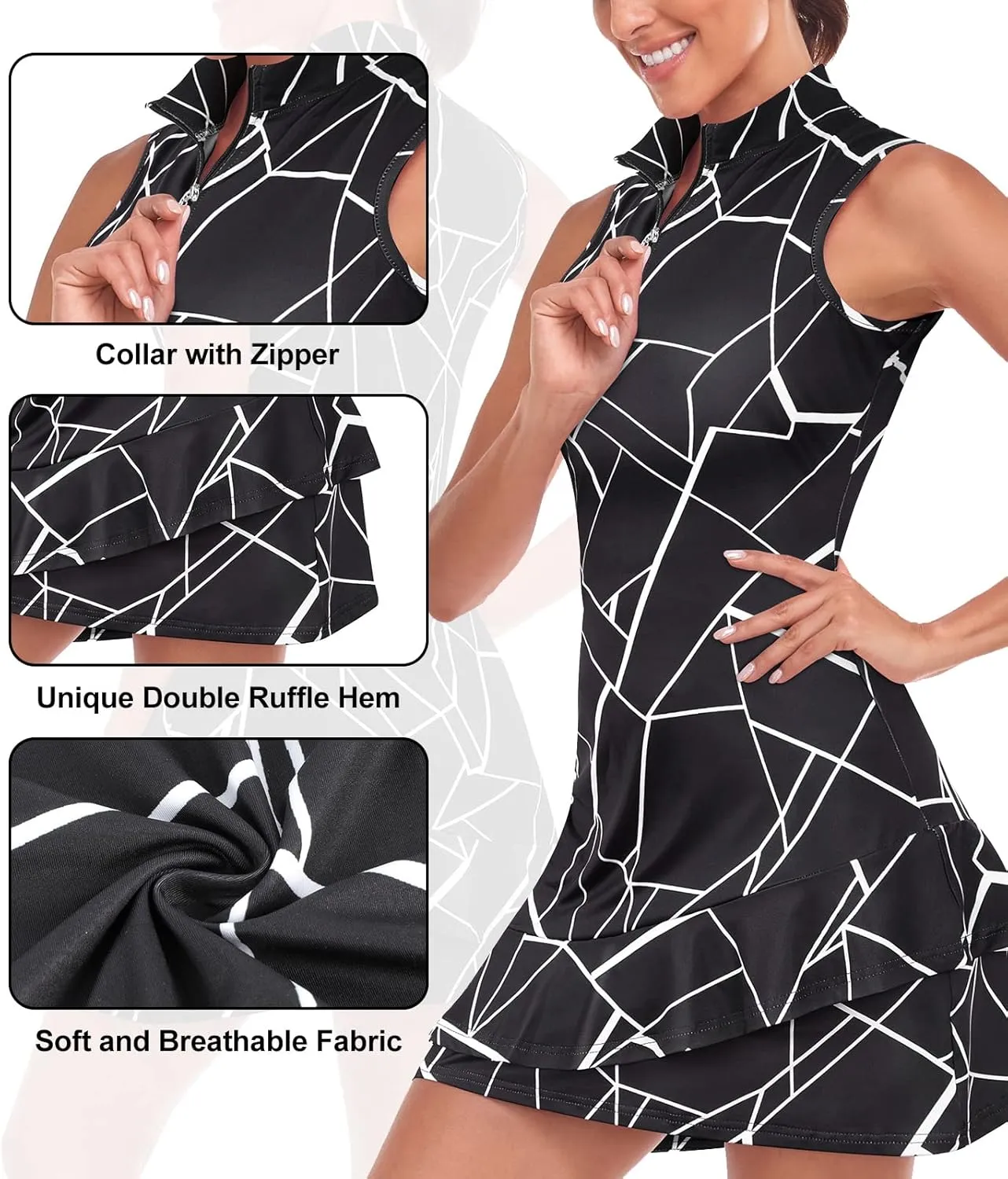 Viracy Tennis Dress for Women Sleeveless Golf Dresses with Shorts and Pockets Ruffle Zip Up Stand Collar Golf Outfits