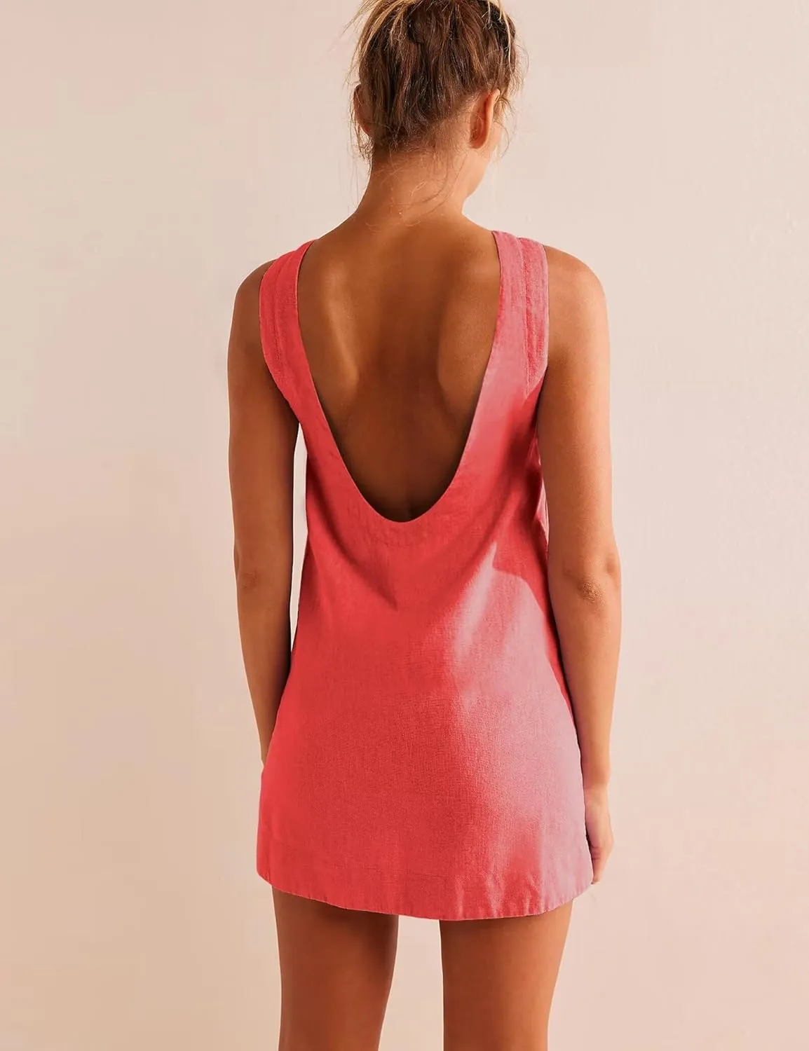VIUTIL Womens Summer Linen Mini Dress Boat Neck Low Back Sleeveless Tank Dresses with Pockets 2025 Vacation Outfits