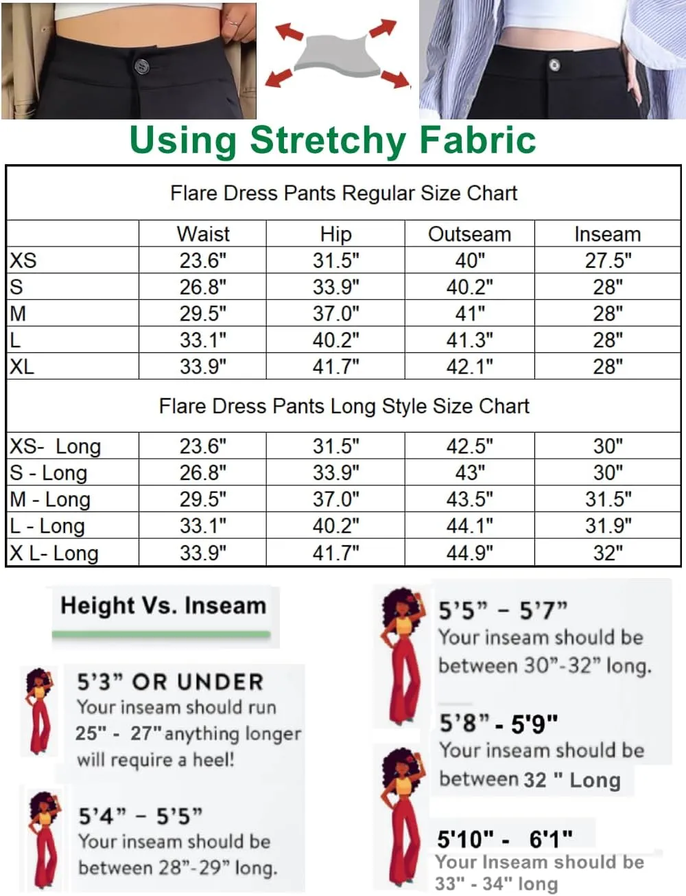 Women Office Flare Dress Pants -Stretchy Comfy - High Waisted Bell Bottom Classic Buinese & Casual