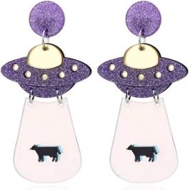 Women`s Fashion and Fun Acrylic Big Cute UFO Aliens Cosmos and Space Drops Stud Earrings