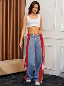 Women's High Waisted Patchwork Striped Wide Leg Jeans Y2K Baggy Color Block Loose Fit Denim Pants