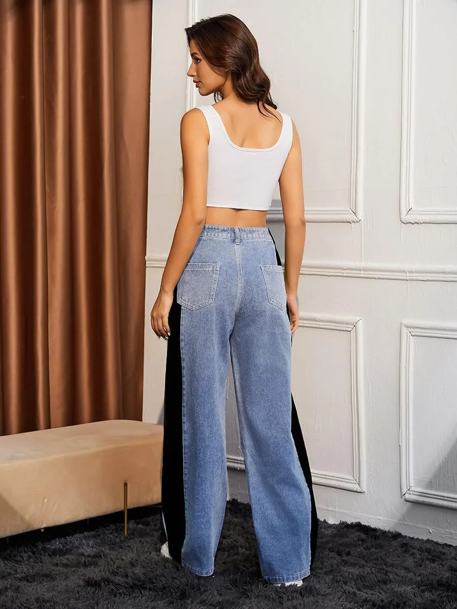 Women's High Waisted Patchwork Striped Wide Leg Jeans Y2K Baggy Color Block Loose Fit Denim Pants