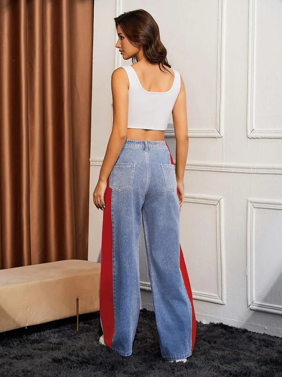 Women's High Waisted Patchwork Striped Wide Leg Jeans Y2K Baggy Color Block Loose Fit Denim Pants
