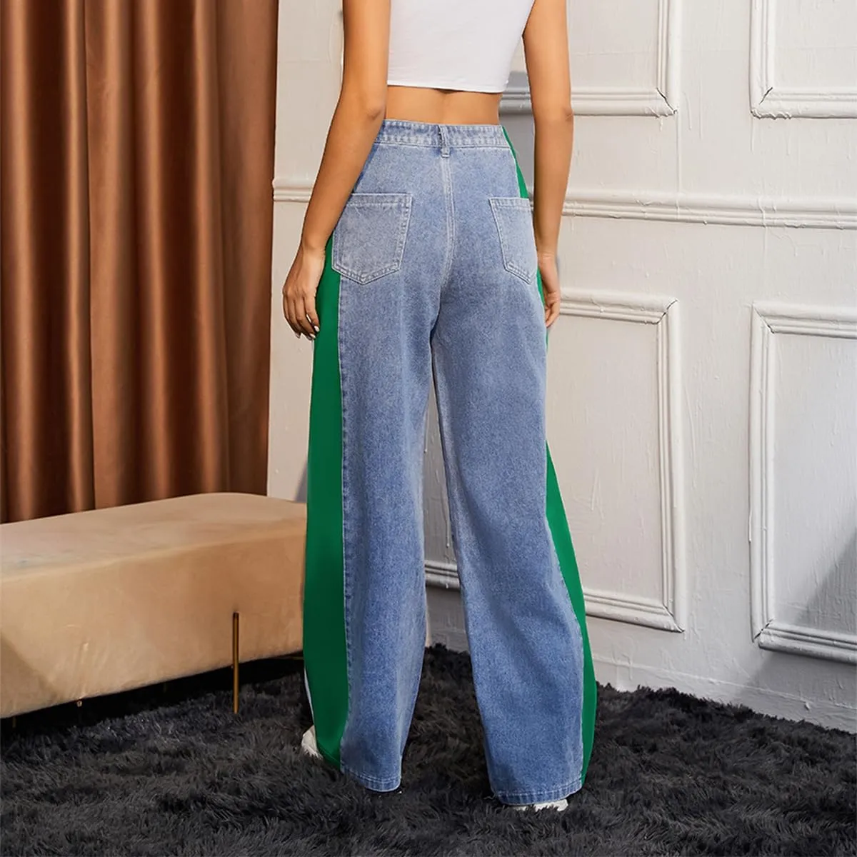 Women's High Waisted Patchwork Striped Wide Leg Jeans Y2K Baggy Color Block Loose Fit Denim Pants