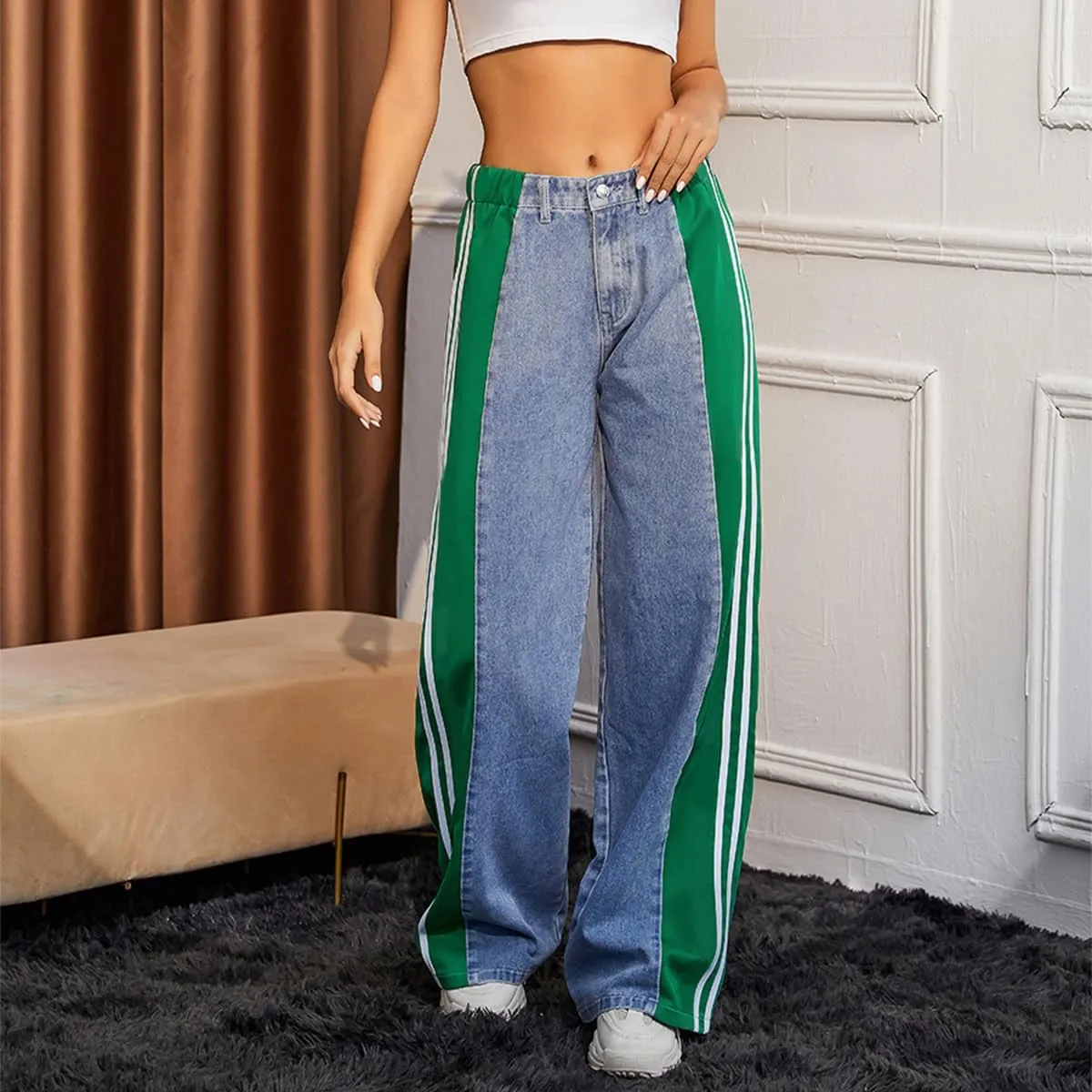 Women's High Waisted Patchwork Striped Wide Leg Jeans Y2K Baggy Color Block Loose Fit Denim Pants