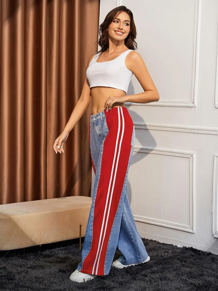 Women's High Waisted Patchwork Striped Wide Leg Jeans Y2K Baggy Color Block Loose Fit Denim Pants