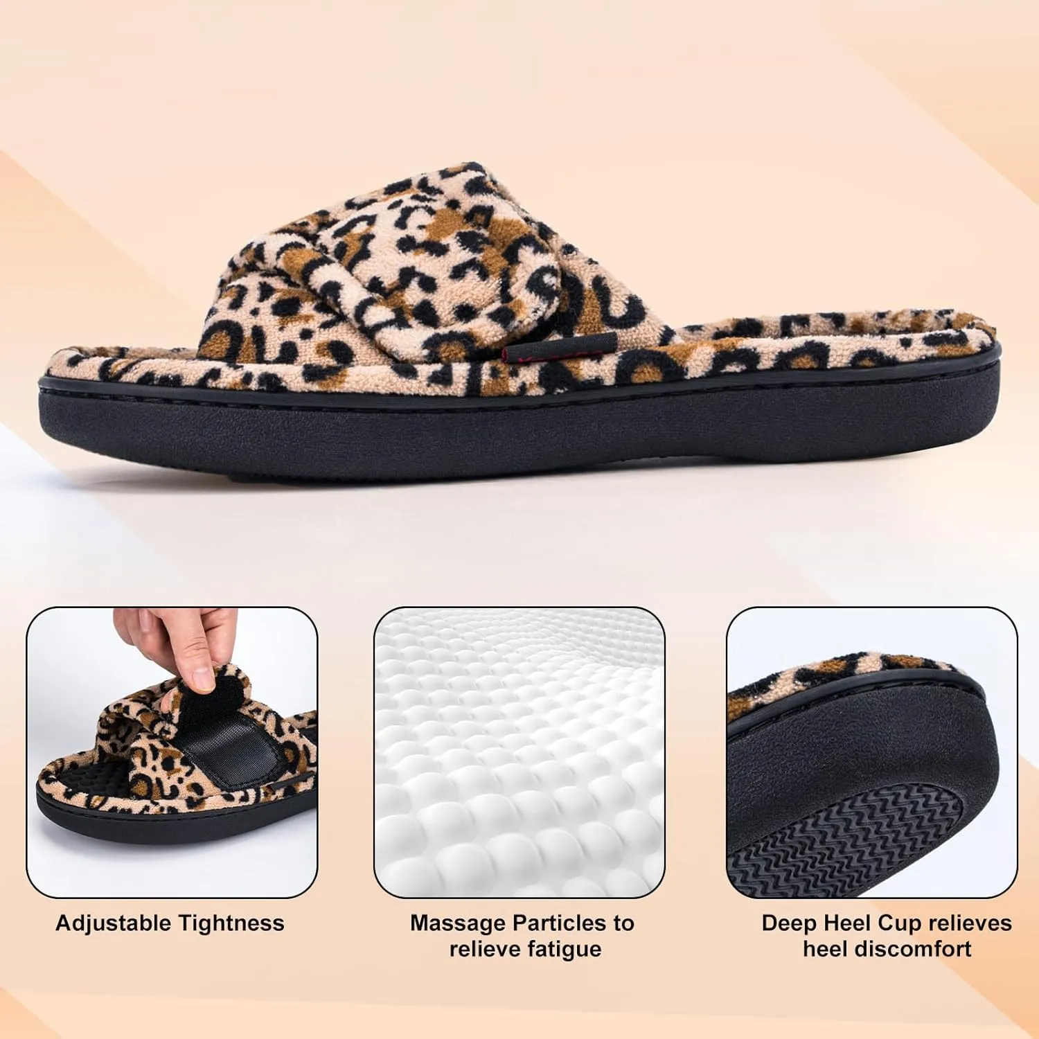 Womens House Slippers with Memory Foam, Adjustable Open Toe Indoor Outdoor Slippers for Women, Non Slip Washable Fuzzy Home Shoes with Massage Beads