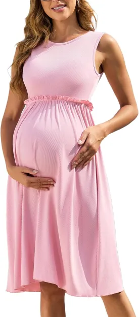 Women's Ribbed Knit Maternity Dress Frill Trim Flowy Shift High Waisted A-Line Round Neck Short Pregnancy Dresses