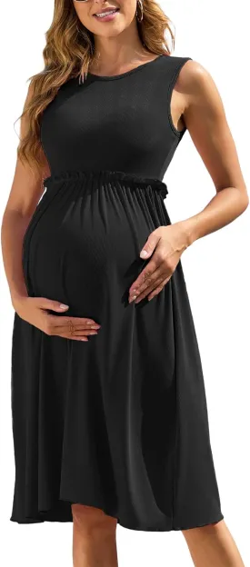 Women's Ribbed Knit Maternity Dress Frill Trim Flowy Shift High Waisted A-Line Round Neck Short Pregnancy Dresses